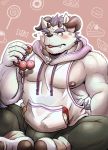  &lt;3 behemoth_(housamo) blush candy clothing food h155296 hoodie horn male monster muscular muscular_male nipples pecs tokyo_afterschool_summoners video_games 