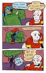  /\/\/\ 1boy 1girl 3koma blue_skin cellphone comic couch english eyepatch gameplay_mechanics head_fins highres lifting monster_girl o_o papyrus_(undertale) peppermintbee phone pillow ponytail red_hair scarf sharp_teeth skeleton teeth undertale undyne yellow_sclera 