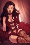  asami_sato avatar:_the_last_airbender bed black_hair bondage_outfit breasts cleavage collar eyeshadow fishnet_legwear fishnets iahfy lingerie lipstick looking_at_viewer makeup parted_lips pillow sitting smile solo the_legend_of_korra thighhighs underwear 