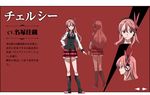  akame_ga_kill! akame_ga_kill!_character_sheet black candy character_sheet chelsea_(akame_ga_kill!) hair_ornament headphones kneehighs legwear lollipop long_hair official_art pink_eyes pink_hair plaid_skirt ribbon simple_background skirt sleeves smile solo 