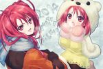  2girls blush boots coat gloves long_hair multiple_girls nanaly_fletch open_mouth pantyhose red_eyes red_hair scarf tales_of_(series) tales_of_destiny_2 time_paradox 