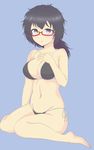  1girl bikini black_bikini blush breasts girls_und_panzer glasses large_breasts navel oryou_(girls_und_panzer) ponytail swimsuit 