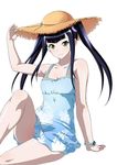  black_hair blue_eyes breasts cleavage collarbone dress hair_ornament hat ikkitousen jpeg_artifacts long_hair saji_genpou_(true) simple_background sitting small_breasts smile solo straw_hat sundress twintails white_background yellow_eyes 