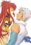  1boy 1girl bare_shoulders belt blue_eyes breasts cleavage elbow_gloves gloves grey_hair long_hair loni_dunamis midriff nanaly_fletch red_eyes red_hair short_hair short_shorts shorts tales_of_(series) tales_of_destiny_2 twintails 