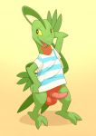  anthro argon_vile balls bottomless clothed clothing erection grovyle male nintendo open_mouth penis pok&eacute;mon pok&eacute;mon_(species) pose reptile scalie shirt simple_background solo standing video_games yellow_eyes yellow_sclera 