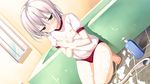  1girl barefoot bathroom blush closed_mouth covering covering_breasts crossed_arms feet female foam game_cg green_eyes ichiban_janakya_dame_desu_ka? kinta_(distortion) rosebleu shijou_sango short_hair short_sleeves silver_hair soap solo wet 