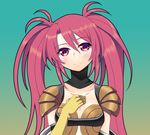  1girl aqua_background blush breasts choker cleavage elbow_gloves gloves long_hair nanaly_fletch purple_eyes red_hair smile tales_of_(series) tales_of_destiny_2 tears twintails 