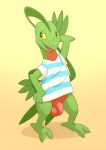  anthro argon_vile balls bottomless clothed clothing flaccid grovyle male nintendo open_mouth penis pok&eacute;mon pok&eacute;mon_(species) pose reptile scalie shirt simple_background solo standing video_games yellow_eyes yellow_sclera 