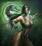  1girl armlet armpits bare_legs bare_shoulders breasts choker cleavage cross-laced_clothes dark_skin elbow_gloves female gloves green_clothes green_eyes half_mask highres holding holding_weapon jade_(mortal_kombat) large_breasts legs long_hair looking_at_viewer mask mortal_kombat navel neck no_bra ponytail realistic reclining revealing_clothes sktneh solo staff standing toned weapon 