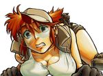  1girl all_fours breasts brown_eyes cleavage fio_germi glasses hat large_breasts metal_slug red_hair snk solo sweat 
