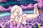  1girl amaterasu body_markings copyright_request face_marking female flower looking_at_viewer lumineko nude okami outdoors sky solo trees white_hair yellow_eyes 