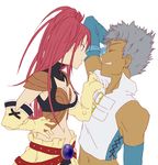  1boy 1girl bare_shoulders belt breasts cleavage dark_skin elbow_gloves eyes_closed gloves grey_hair long_hair loni_dunamis midriff nanaly_fletch navel open_mouth purple_eyes red_hair short_hair short_shorts shorts tales_of_(series) tales_of_destiny_2 twintails 