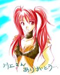  1girl breasts choker cleavage elbow_gloves gloves long_hair nanaly_fletch navel open_mouth red_eyes red_hair tales_of_(series) tales_of_destiny_2 twintails 