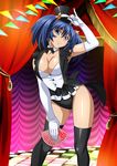 bashoku_youjou black_legwear blue_hair breasts card cleavage coattails collar collarbone elbow_gloves gloves hat holding ikkitousen indoors large_breasts leotard long_hair mini_hat purple_eyes short_twintails solo thighhighs twintails white_gloves 
