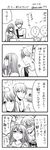  2boys 2girls 4koma animal_print cat_print comic cross dated family fan greyscale hands_on_another's_shoulders highres hoshina_satoya indoors laughing long_hair looking_away monochrome multiple_boys multiple_girls original paper_fan pointing print_shirt shirt short_sleeves side-by-side sideways_glance spoken_ellipsis t-shirt translated twitter_username uchiwa watching_television 