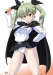  1girl anchovy blush brown_eyes cape drill_hair girls_und_panzer green_hair navel panties pantyhose skirt smile solo underwear white_legwear white_panties white_pantyhose yohinori 