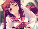  amaduyu_tatsuki bed blush long_hair red_hair school_uniform thighhighs to_heart_2 
