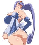  1girl ass bare_shoulders blue_eyes blue_hair blush breasts choker detached_sleeves female gigantic_breasts glasses hair_ornament hairclip highres leotard long_hair looking_at_viewer looking_back original plump shiny_skin simple_background solo standing thick_thighs very_long_hair white_background wide_hips yukimaru_(gojo) 