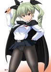  1girl anchovy black_pantyhose blush brown_eyes cape drill_hair girls_und_panzer green_hair navel panties pantyhose skirt smile solo underwear upskirt white_panties yohinori 