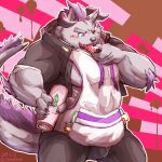  behemoth_(housamo) blush eating frosting horn jadenord male monster muscular muscular_male pecs roll_cake tokyo_afterschool_summoners tongue video_games 