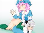  2girls animated animated_gif blush bouncing_breasts breasts heppokonin konpaku_youmu multiple_girls open_mouth red_ass saigyouji_yuyuko shiny_hair shiny_skin spanked spanking touhou 