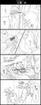  !? blood bruise comic cowboy_hat door emphasis_lines graphite_(medium) greyscale hat highres hol_horse hole_on_body injury jean_pierre_polnareff jojo_no_kimyou_na_bouken monochrome motion_blur open_mouth pouch punching scratches speed_lines stardust_crusaders sweatdrop traditional_media translated utano wristband 