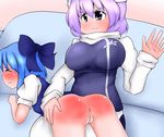  2girls angry animated animated_gif anus ass blush bouncing_breasts breasts cirno couch heppokonin jiggle large_breasts letty_whiterock multiple_girls punishment pussy red_ass shiny_hair shiny_skin spanked spanking touhou 