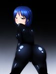  artist_request ass black_eyes blue_hair bodysuit breasts from_behind gradient gradient_background idolmaster idolmaster_cinderella_girls latex latex_suit looking_at_viewer rubber rubber_suit shiny shiny_clothes shiny_hair short_hair solo wakui_rumi 