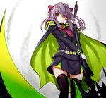  artist_request bow brown_eyes cape female hair_bow hair_ornament hiiragi_shinoa holding holding_weapon long_hair owari_no_seraph purple_hair smile solo thighhighs weapon 