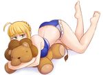  1girl ahoge ass barefoot bikini dimples_of_venus fate/stay_night fate_(series) feet green_eyes ittla legs_up saber solo stuffed_toy swimsuit toes 