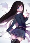  1girl absurdres arm_at_side black_hair black_legwear black_suit blue_eyes closed_mouth commentary_request eyelashes from_behind highres long_hair long_sleeves looking_at_viewer original paper pleated_skirt red_neckwear skirt slyvia solo standing thighhighs zettai_ryouiki 