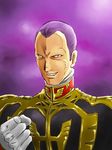  gihren_zabi gloves gradient gradient_background grin gundam gyan_(akenosuisei) military_uniform mobile_suit_gundam purple_hair smile solo uniform upper_body 