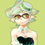  +_+ 1girl arm arm_grab bare_arms bare_shoulders black_dress breasts cleavage collarbone cross-shaped_pupils detached_collar domino_mask dress earrings female gloves green_background hanada_03 hand_on_own_arm hat hotaru_(splatoon) inkling jewelry looking_away mask mole mole_under_eye neck nintendo pointy_ears short_hair shy solo splatoon strapless strapless_dress striped striped_background symbol-shaped_pupils upper_body white_gloves white_hair yellow_eyes 