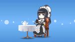  black_hair chibi looking_at_viewer maid narberal_gamma overlord_(maruyama) ponytail sitting solo table tea_set 