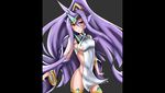  1girl arc_system_works artist_request bare_shoulders blazblue blazblue:_central_fiction blush bottomless breasts detached_sleeves hades_izanami headgear long_hair looking_at_viewer mikado_(blazblue) no_bra no_panties purple_hair red_eyes solo thighhighs very_long_hair windowboxed 