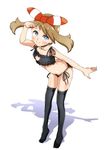  1girl alternate_costume artist_request bandanna blush bra breasts brown_hair cat_keyhole_bra cleavage_cutout full_body hair_ribbon haruka_(pokemon) leaning_forward looking_at_viewer panties pokemon pokemon_(game) ribbon side-tie_panties small_breasts smile solo standing stocking thighhighs underwear 