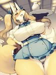  1girl blonde_hair breasts brown_eyes carrying fox furry hand_on_hip huge_breasts kishibe large_breasts long_hair open_mouth twintails waitress wide_hips 