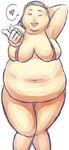  asian beckoning breasts brown_hair cleavage cowboy_shot freckles knees_together_feet_apart large_breasts lips lipstick looking_at_viewer makeup megami_tensei navel obese ohtani_hanako one_eye_closed persona_4 short_hair simple_background solo spoken_heart thick_lips thick_thighs white_background wink winking 