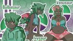  3girls bulbasaur dante_redstone dark_skin flower green_hair ivysaur multiple_girls personification pokemon red_eyes thick_thighs venusaur wallpaper 