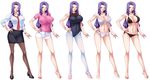  1girl breasts cleavage erect_nipples female full_body kagami_hirotaka large_breasts long_hair looking_at_viewer nail_polish navel ochiru_hitozuma pantyhose purple_hair red_eyes solo standing 