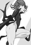  1girl ass bare_legs black_dress breasts curly_hair dress female hikawadou legs looking_at_viewer monochrome no_bra one-punch_man serious shiny_skin small_breasts solo tatsumaki 