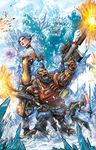  2boys armor beard blue_hair borderlands borderlands_2 brown_hair epic facial_hair gun helmet ice lipstick makeup maya_(borderlands) mountains multiple_boys open_mouth salvador_(borderlands) snow sword weapon zer0 