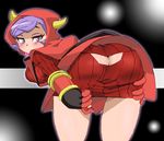  ass blush breasts commentary_request fake_horns gloves hood hoodie horned_headwear kagari_(pokemon) large_breasts looking_at_viewer onnaski pokemon pokemon_(game) pokemon_oras purple_eyes purple_hair ribbed_sweater short_hair solo sweater team_magma team_magma_uniform uniform 