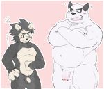  2019 anthro balls belly blush canid canine canis domestic_dog duo flaccid fur giant_panda goujuyu humanoid_hands japanese_text kaku_renbo male mammal mito_natto_(knight_ramune) navel overweight overweight_male penis pink_background simple_background teeth text ursid vs_knight_ramune_&amp;_40_fire white_fur 