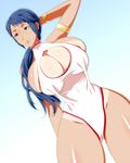  286c arm_band blue_hair bracelet breasts cleavage cleavage_cutout fire_emblem fire_emblem_if gold gradient gradient_background huge_breasts jewelry milf nipple_slip one-piece_swimsuit orange_eyes ponytail scar smile solo swimsuit tanline thick_thighs yuugiri_(fire_emblem_if) 