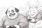 2019 anthro bed blush clothing domestic_pig duo humanoid_hands lagomorph male mammal noko_illust overweight overweight_male rabbit shirt suid suina sus_(pig) teeth 