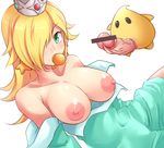  1girl areola areolae artist_request blonde_hair breasts breasts_outside censored covered_navel crown earrings green_eyes hair_over_one_eye jewelry large_breasts long_hair looking_at_viewer luma nipples penis rosetta_(mario) super_mario_bros. super_mario_galaxy topless 