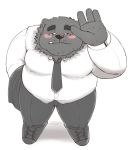  2019 anthro belly black_nose blush clothing cute_fangs humanoid_hands jumperbear male mammal necktie overweight overweight_male pants shirt simple_background solo ursid white_background 