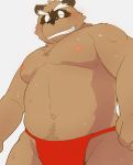  2019 anthro belly blush brown_fur canid canine clothing fundoshi fur humanoid_hands japanese_clothing male mammal moobs navel nipples one_eye_closed overweight overweight_male raccoon_dog shiike999 simple_background solo sweat tanuki teeth underwear wink 
