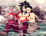  1girl abs assertive black_hair breasts chi-chi_(dragon_ball) dragon_ball dragon_ball_gt fur handjob hetero highres husband_and_wife monkey_tail muscle nipple_tweak nipples nude onsen partially_submerged penis queen-zelda son_gokuu spiked_hair super_saiyan super_saiyan_4 tail 